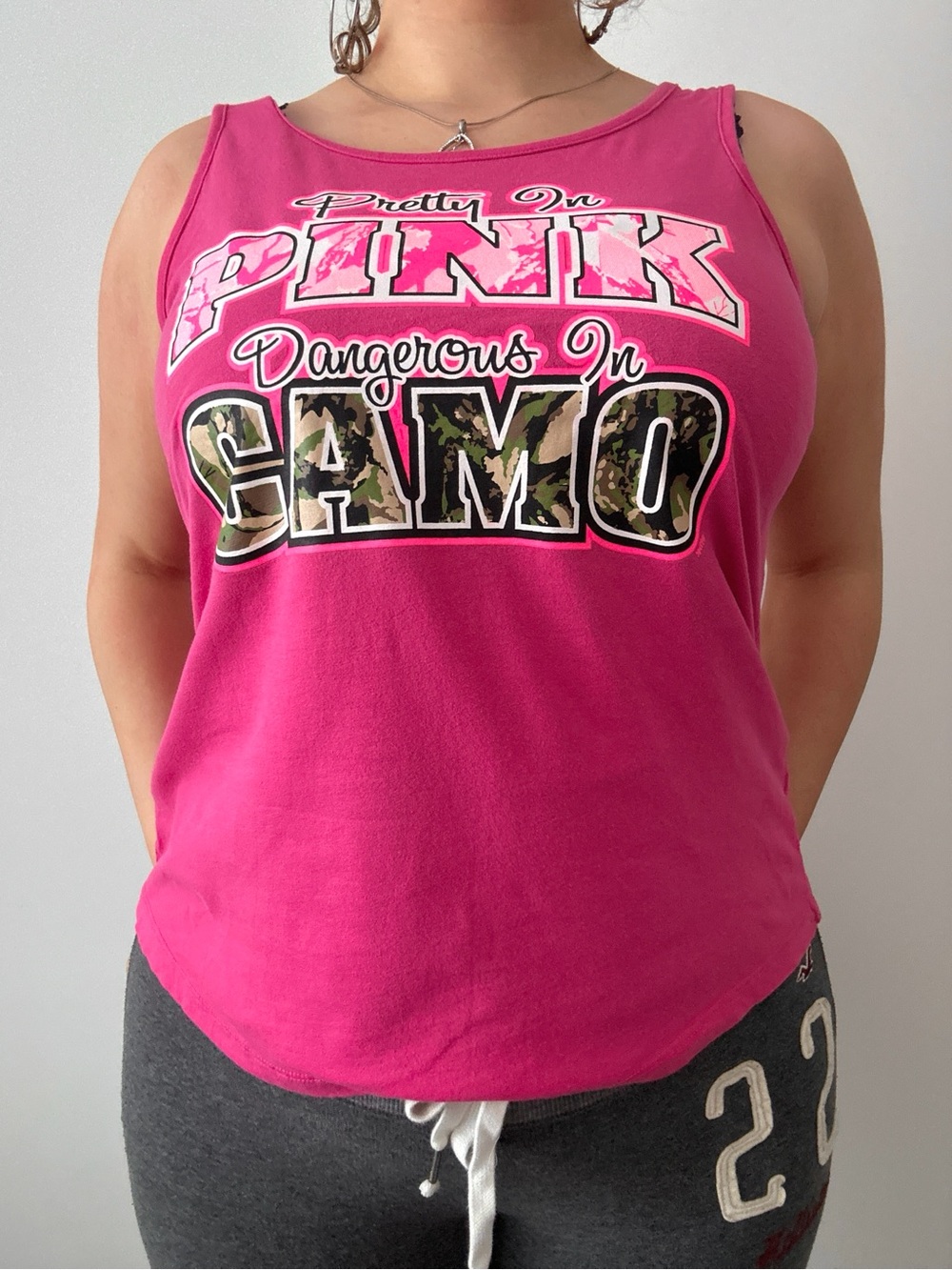 pretty in pink dangerous in camo tank top